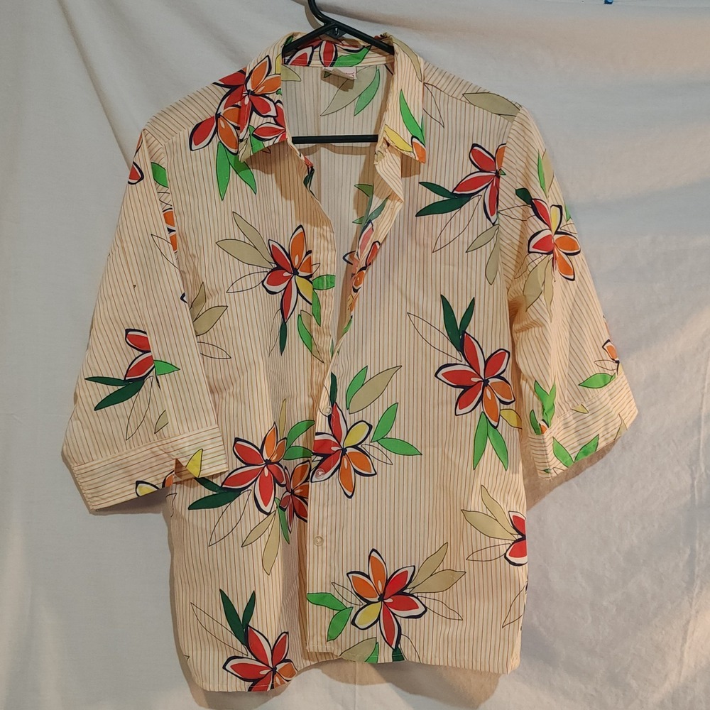 American Sweetheart Haband Floral Striped Button up Blouse Vintage M 3/4 Sleeve